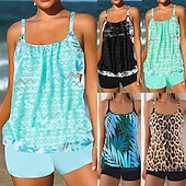 abordables Tankinis-Mujer Bañadores 2 piezas Slips Traje de baño Espalda al Aire Vacaciones Ropa de playa Graphic Leopardo Escote Redondo Sin Mangas Trajes de baño