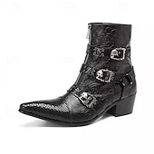 Χαμηλού Κόστους Premium Δερμάτινες Μπότες-Ανδρικές μαύρες δερμάτινες μπότες με ανάγλυφη αγκράφα – κλασικό σχέδιο με λεπτομέρειες με τρουκς, ιδανικές για επίσημες εκδηλώσεις, casual ρούχα και βραδινές εμφανίσεις