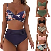 Недорогие Бикини-Женский бикини из 2-х предметов купальник с рюшами бюстгальтер с проволокой тонкие трусики открытая спина пляжная одежда для отпуска цветной график с V-образным вырезом без рукавов
