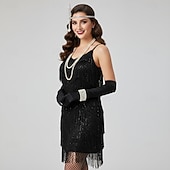 baratos Vestidos dos anos 1920-Conjunto Loucos anos 20 Anos 20 Mini Vestido melindroso Roupa Festa a Fantasia com acessórios Sem Mangas O Grande Gatsby Convidado do casamento Franjas Côr Sólida Franjas Decote V Fantasia Mulheres