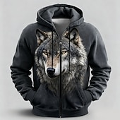 preiswerte Tierdruck-Herren Wolf 3D Kapuzensweatshirt Jacke Pullover Fantasie Allover-Druck Langarm Reißverschluss Streetwear Urlaub Ausgehen Schwarz Khaki Dunkelgray Reißverschluss Herbst Winter Designer S M L XL XXL