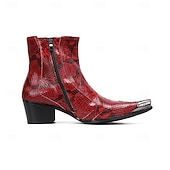 preiswerte Hochwertige Lederstiefel-Rote Herren-Ankle-Boots aus Leder mit Schlangenmuster – bequemer Blockabsatz mit Nietenbesatz, ideal für Weihnachtsfeiern und Partys