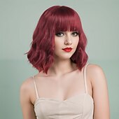 baratos Perucas de festa-Perucas sintéticas Ondulado Trama Curly Corte Assimétrico Franja Lisa Fabrico à Máquina Peruca 14 polegadas Vermelho Vinho Cabelo Sintético Mulheres Clássico Confortável Requintado Vinho
