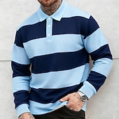 billige Rugbypolo for menn-Herre Horisontale strips Vaffel poloskjorter Rugby Polo Rugby poloskjorter Langermet Poloskjorter Knaphul Sportsklær Fritid Skole treningsklær Dagligdagstøy 3D-utskrift Vår Høst Vinter Blå Himmelbl