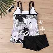 billiga Tankinis-Dam Badkläder 2 st Shorts Baddräkt Öppen rygg Semester Standkläder Blommig U-hals Ärmlös Baddräkter