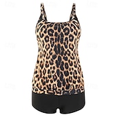 abordables Tankinis-Mujer Bañadores 2 piezas Slips Traje de baño Espalda al Aire Vacaciones Ropa de playa Graphic Leopardo Escote Redondo Sin Mangas Trajes de baño
