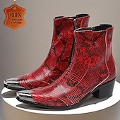 preiswerte Hochwertige Lederstiefel-Rote Herren-Ankle-Boots aus Leder mit Schlangenmuster – bequemer Blockabsatz mit Nietenbesatz, ideal für Weihnachtsfeiern und Partys