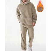 preiswerte einfache Trainingsanzüge-Zweiteiliger Fleece-Trainingsanzug für Herren – schwerer Hoodie und Jogginghose, einfarbige Sport-Streetwear mit Taschen