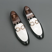 billiga Loafers-Herrloafers i vitt och blått i lack med metallspänne – trendiga skor för semiformella sammankomster och fester