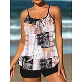 billiga Tankinis-Kvinnors tankini 2-delad baddräkt Boho shorts mage kontroll hög midja smal rygglös semester strandkläder paisley U-hals ärmlösa baddräkter