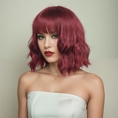 baratos Perucas de festa-Perucas sintéticas Ondulado Trama Curly Corte Assimétrico Franja Lisa Fabrico à Máquina Peruca 14 polegadas Vermelho Vinho Cabelo Sintético Mulheres Clássico Confortável Requintado Vinho