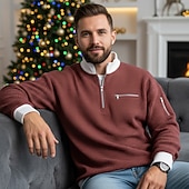 Недорогие Мужские повседневные футболки-Муж. Футболка с вафельным рисунком Футболка Длинный рукав Половина молния Осень Наступила зима Сплошной цвет Традиционный / винтаж На каждый день Цветовые блоки Карман на молнии