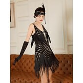 billiga 1920-talets klänningar-Set Roaring 20s 1920s Mini Dress Flapper Dress Outfits with Accessories Sleeveless The Great Gatsby Charleston Sequins Tassel Fringe Feather Deep V Fancy Dress Women's Carnival New Year Masquerade