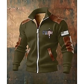 baratos Moletons 3D masculinos-Homens Full Zip Hoodie Casaco de lã Moletom de lã Preto Branco Verde Tropa Azul Marinha Marron Colarinho Clerical Cruz Bandeira americana Fé Bolsos Detalhes em couro sintético Desportos e Ar livre
