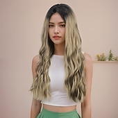cheap Party Wigs-Synthetic Wig Wavy Curly Weave Middle Part Asymmetrical Deep Parting Machine Made Wig 26 inch Black / Gold Synthetic Hair Women's Classic Comfortable Color Gradient Mixed Color