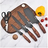 levne Kuchyňská sada-sada kuchyňských nožů, 6dílná luxusní sada nožů s dřevěným potahem, rukojeť s lehkou dřevěnou kresbou, nepřilnavý šéfkuchařský nůž z nerezové oceli s blokem na nože