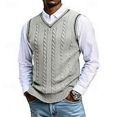 Недорогие мужские свитера жилет-Муж. Свитер жилет Платье-свитер Пуловер Свитер Жилет Вязаный свитер Рельефный узор Вязать Обычные топы Трикотаж Пэчворк V-образный вырез Мода Уличный стиль Отпуск Бизнес Одежда Без рукавов Осень Зима