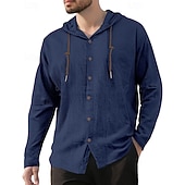 economico Camicie di lino-Per uomo Camicia Camicia di lino Camicia Estiva Camicia da Spiaggia Semplice Vacanza Casuale Nero Bianco Blu marino Cachi Manica Lunga Con Cappuccio Primavera Autunno Abbigliamento Coulisse