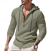 cheap Men's Popover Shirts-Men's Shirt Popover Shirt Summer Shirt Casual Shirt Beach Shirt Black White Yellow Navy Blue khaki Long Sleeve Solid Color Hooded Vacation Casual Drawstring Clothing Apparel Fashion Casual Comfortable