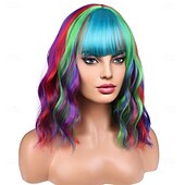 baratos Perucas de Carnaval-Peruca de Carnaval Vermelho Azul Roxo Encaracolado Curto Peruca sintética para festivais Mardi Gras Parada Cabelo para fantasia de cosplay para Feminino