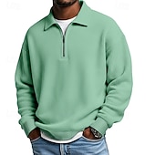 voordelige Klassieke polo voor heren-Voor heren Wafel Poloshirts Met Textuur Casual Buiten Kwart ritssluiting Lange mouw Modieus Modern Effen Kleur Met Textuur Gebreid Lente &amp; Herfst Alle seizoenen Ruim Passend Zwart Marineblauw