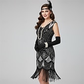 preiswerte 1920er Kleider-Set Goldene Zwanziger 1920er Knielang Flapper Kleid Outfits Zubehörset mit Zubehör Ärmellos Der große Gatsby Hochzeitsgast Pailletten Quastenfransen Pailletten Quaste V Ausschnitt Kostüm Damen