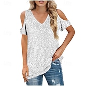 abordables T-shirt uni-Femmes T-shirt Hauts d'été Paillettes Patchwork Couleur Unie Élégant Mode Classique Manche Courte Col en V Hauts Réguliers Quotidien Sortir Week-end Bleu Noir Blanche Jaune Rose Claire Été Printemps