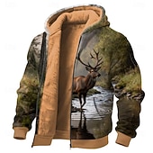 halpa Metsästys hupparit-Miesten 3D-tulostus Hirvet Fleece Huppari Takki College Klassinen Asevoimat Metsästys Tiukka pyöreä kaula-aukko ulko- Retkeily Sininen Vaalean ruskea Ruskea Sulkea jnk vetoketju Syksy Talvi