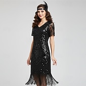 economico Abiti degli anni '20-Anni Ruggenti Anni 1920 Lunghezza al ginocchio Vestito Abito Flapper Abito da Ballo Maniche corte Il grande Gatsby Charleston Invitato al matrimonio Paillettes Frangia con nappe Scollo a V Costume