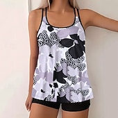 billiga Tankinis-Dam Badkläder 2 st Shorts Baddräkt Öppen rygg Semester Standkläder Blommig U-hals Ärmlös Baddräkter