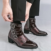 billiga Klädskor-Herrstövlar i vinröda lack i konstläder med tre spännen och krokodilstruktur – trendiga skor för kvällskläder, fester och speciella tillfällen