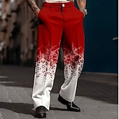  クリスマス メンズ クリスマス シーン プリント パンツ スノーフレーク ビジネス カジュアル 3D プリント ズボン アウトドア ストリート ウェア 仕事用 ポリエステル 黒と白 ワイン イエロー S M L 高弾性パンツ