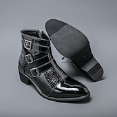 billiga Klädskor-Herrstövlar i vinröda lack i konstläder med tre spännen och krokodilstruktur – trendiga skor för kvällskläder, fester och speciella tillfällen