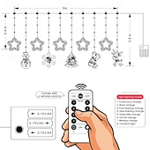 abordables Lumières de cordes de vacances-Guirlande lumineuse décorative de Noël 3 m, 10 pendentifs pentagramme et flocon de neige, télécommande 8 fonctions, USB/piles AAA, ambiance festive intérieure.