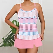 Χαμηλού Κόστους Τανκίνι-Γυναικεία Μαγιό 2 κομμάτι Φούστα Μαγιό Εξώπλατο Διακοπές Ρούχα παραλίας Ριγέ Στρογγυλή Λαιμόκοψη Αμάνικο Μαγιό