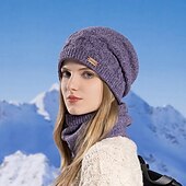 お買い得  温熱コレクション-女性用冬用帽子、アウトドアサイクリング用、フリース裏地付きニット耳あて、スカーフセット、暖かいビーニーとネックウォーマーの2点セット、寒い天候のスポーツ用