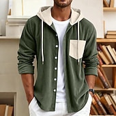 preiswerte Freizeithemden für Herren-Herren Hemd Freizeithemd Cordhemd Knopfhemd Kapuzenhemd Blau Schwarz Grün Langarm Einfarbig Mit Kapuze Lässig Täglich Tasche Bekleidung Mode Modern Lässig