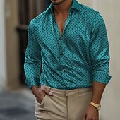 preiswerte Herren Satin Hemd-Herren Geometrisch Karo / Karomuster Blumendruck Hemd Satinhemd Kleidhemd Langarm Business-Casual Urlaub Alltagskleidung Sommer Frühling Herbst Umlegekragen 3D-Druck Hemden mit Knopfleiste Blau Wei