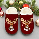 baratos Sapatos de Natal Femininos-Pantufas femininas de Natal com estampa de rena - pantufas macias de pelúcia para uso interno no inverno, com um adorável desenho de rena, calçado quente de lã para a temporada de festas e ótimos