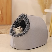 abordables Linge de lit-Lit-niche en peluche pour chats d'intérieur &amp;niche pour petits chiens avec revêtement moelleux, lit amovible auto-chauffant et antidérapant, abri lavable pour chat