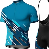 お買い得  男性用衣料品セット-男性用 サイクリングジャージー ビブショーツ付きサイクリングジャージー 半袖 マウンテンサイクリング ロードバイク 夏 春 ブルー 幾何学模様 バイク サンスクリーン UV耐性 3Dパッド サイクリング トレーナー スパンデックス スポーツ 衣類
