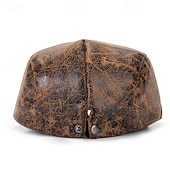 cheap Men's Hats-Men's Flat Cap Ascot Hat Newsboy Hat Black Coffee PU Leather Fashion Casual Street Daily Plain Adjustable Sunscreen Breathable