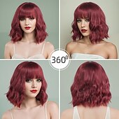 baratos Perucas de festa-Perucas sintéticas Ondulado Trama Curly Corte Assimétrico Franja Lisa Fabrico à Máquina Peruca 14 polegadas Vermelho Vinho Cabelo Sintético Mulheres Clássico Confortável Requintado Vinho