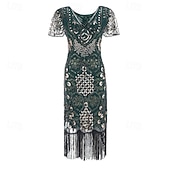 baratos Vestidos dos anos 1920-Loucos anos 20 Anos 20 Meio-dia Vestido melindroso Mangas curtas O Grande Gatsby Menina melindrosa Paetês Franja Tubinho Decote V Fantasia Mulheres Natal Carnaval bar clandestino Mascarilha Festa