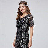 baratos Vestidos dos anos 1920-Loucos anos 20 Anos 20 Até os Joelhos Comprimento Curto Vestido melindroso Ilusão Mangas curtas O Grande Gatsby Convidado do casamento Paetês Lantejoula Decote V Fantasia Mulheres Carnaval Baile de