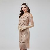 abordables Vestidos de los años 20-Conjunto Rugido 20s 1920s Hasta la Rodilla Vestido Flapper Accesorios Vestido de fiesta de graduación con accesorios Hombro frío El gran Gatsby Invitado a la boda Lentejuelas Borlas Pluma Escote en