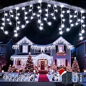 billiga Solsträngljus-Solcellsdrivna vattentäta julispljus 10 meter 400 lysdioder 48 droppar 8-funktions timer fjärrkontroll genomskinlig tråd anslutningsbar ljusslinga innergård balkong träd veranda takfot dekorativa ljus
