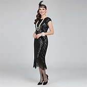 preiswerte 1920er Kleider-Set Goldene Zwanziger 1920er Knielang Kleid Flapper Kleid Outfits mit Zubehör Cap-Ärmel Der große Gatsby Hochzeitsgast Quastenfransen V Ausschnitt Rundausschnitt Kostüm Damen Karneval Maskerade