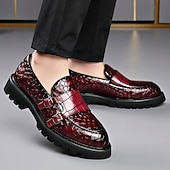 tanie Loafery-męskie bordowe mokasyny ze sztucznej skóry z ozdobnymi klamrami – luksusowe wsuwane buty na eleganckie okazje i świąteczne spotkania