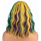 baratos Perucas de Carnaval-Peruca de Carnaval Roxo Verde Amarelo Ondulado Curto Peruca sintética para festivais Mardi Gras Parada Cabelo para fantasia de cosplay para Feminino
